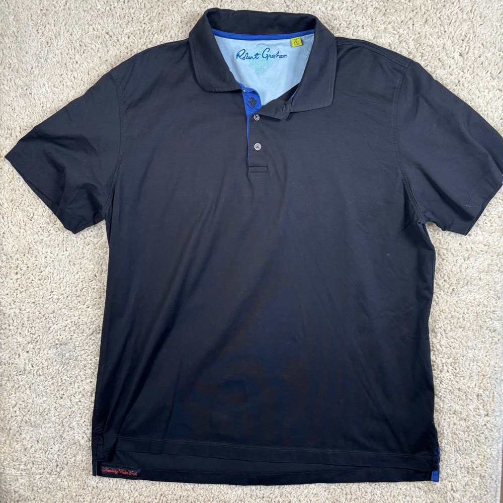 Robert Graham Mens 3XL Black Classic Fit Short Sleeve Polo Shirt Blue Trim Logo